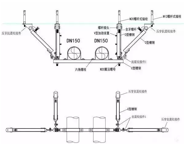 (3)抗震支吊架的样式  根据抗震支吊架布点平面布置图,作出抗震支架