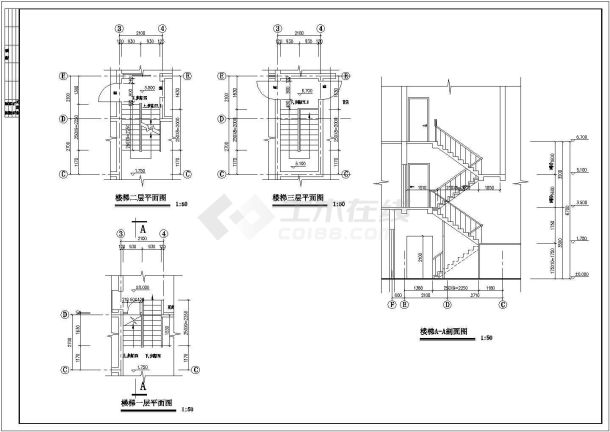 包含楼梯二层平面图 ,楼梯一层平面图,楼梯三层平面图,楼梯a-a剖面图