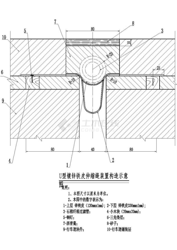 2u形镀锌铁皮伸缩缝装置构造示意图