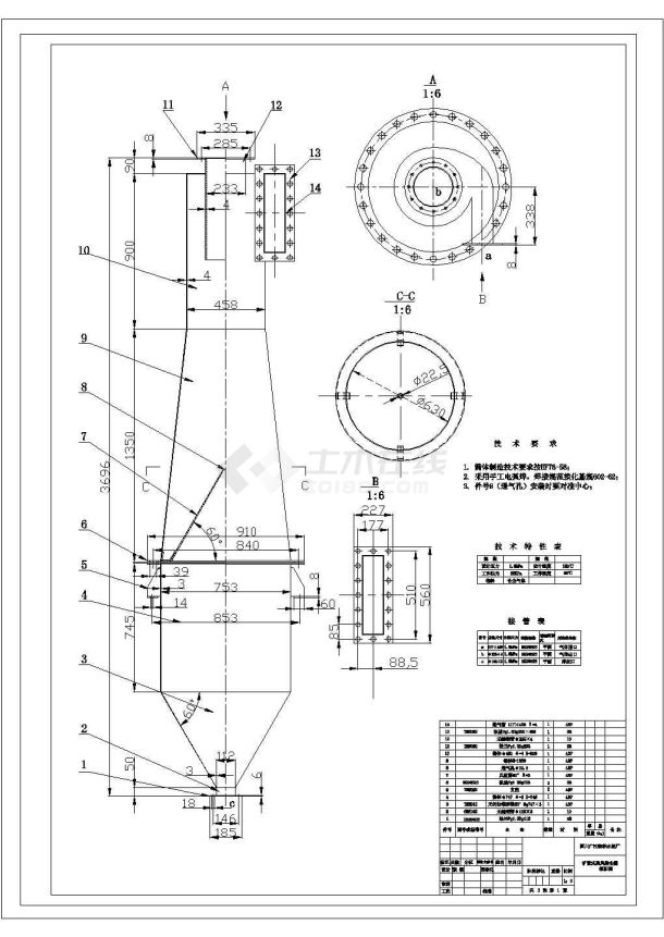 某扩散式旋风除尘器装配图cad节点设计图