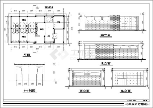 9米 宽8.6米 1层风景区公厕方案设计(平面图 四个立面图 一个剖面图)