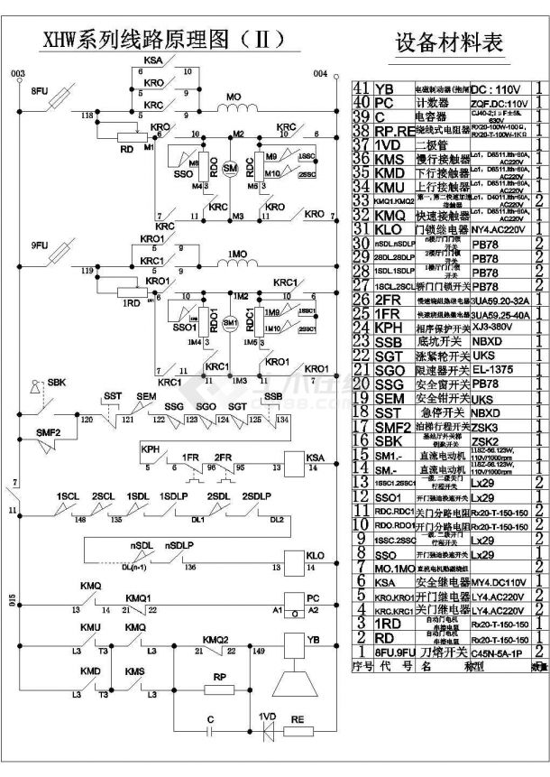 某型号plc控制交流双速电梯电气系统原理cad平面示意图纸