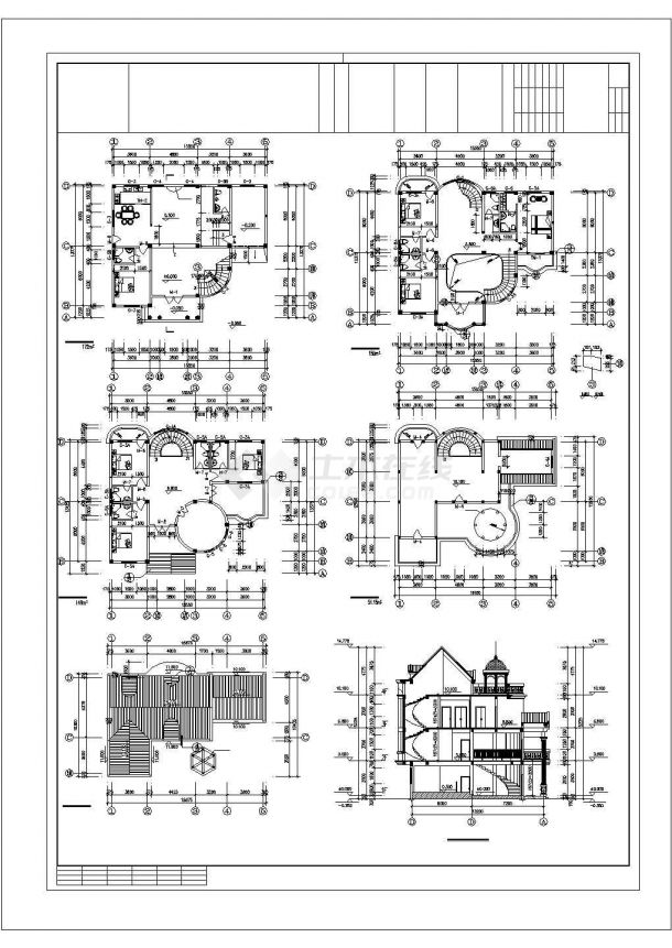 平米3层混合结构乡村别墅全套建筑设计cad图纸,其中包含:各层平面图