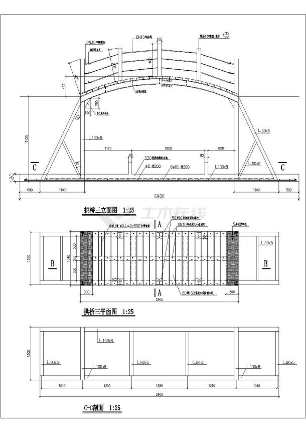 本资料为:某景观工程拱桥设计cad建筑施工详图 ;内含:a-a剖面图,立面