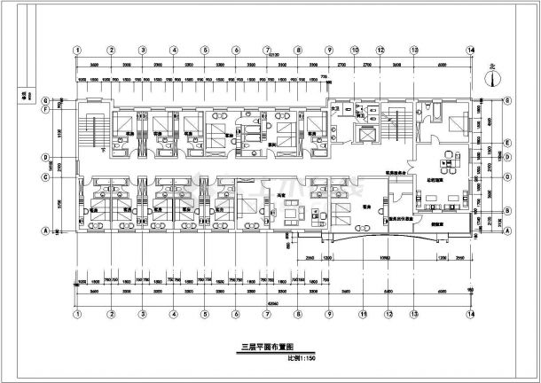 天水市某高档商务宾馆35层平面布局设计cad图纸每层1400平米