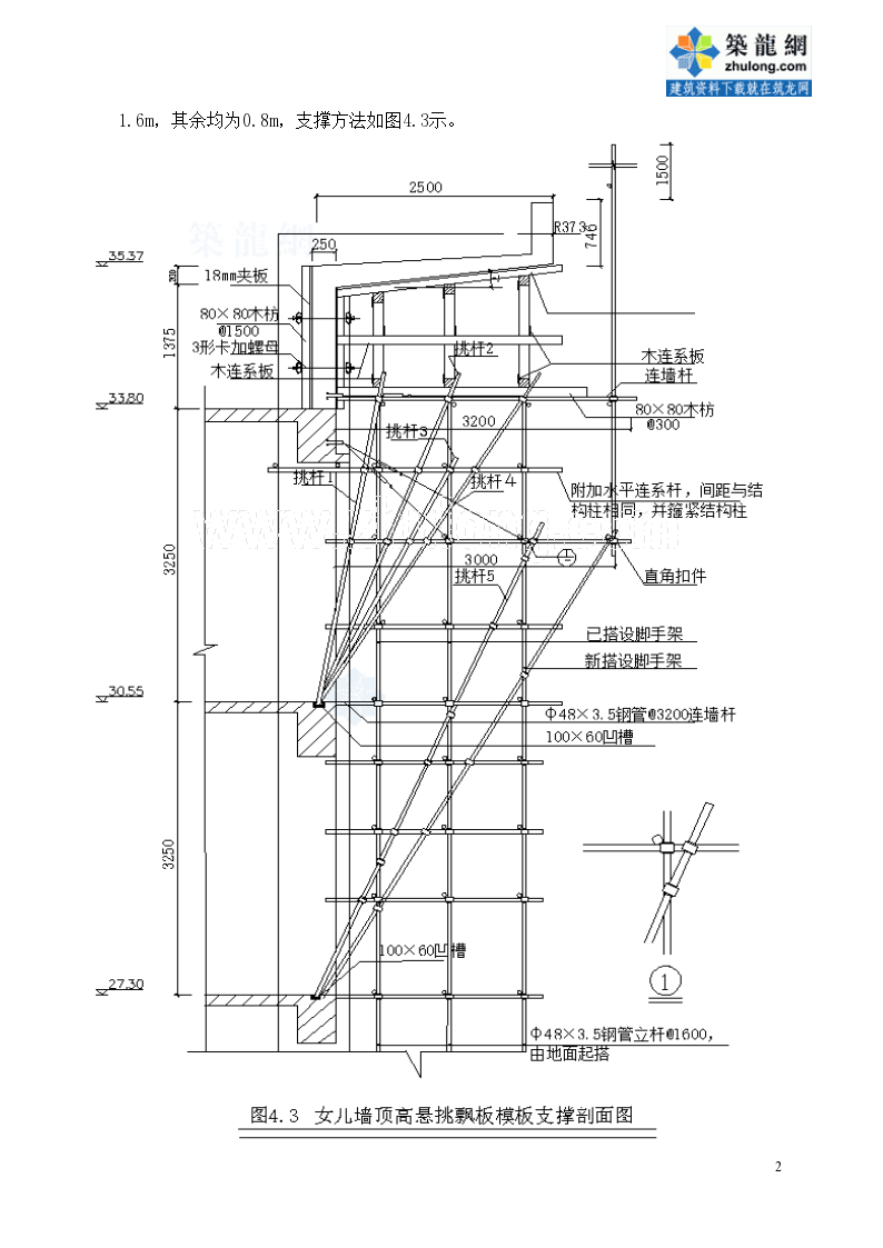 女儿墙顶悬挑飘板,高层屋顶挑檐外飘模板支撑施工工法