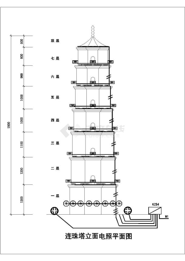 苏州市某7层框架结构仿古宝塔电气照明设计cad图纸