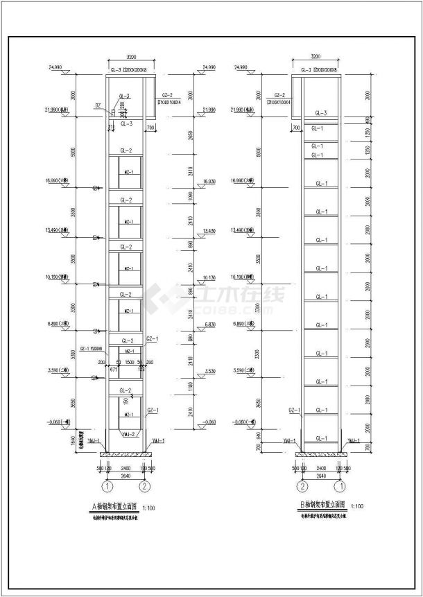 某工程钢结构室外观光电梯井道设计cad全套结构施工图