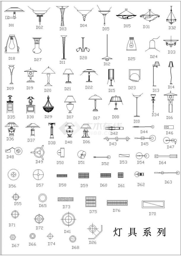 典型几十种台灯吊灯设计cad立面图例素材图库标注详细种类全
