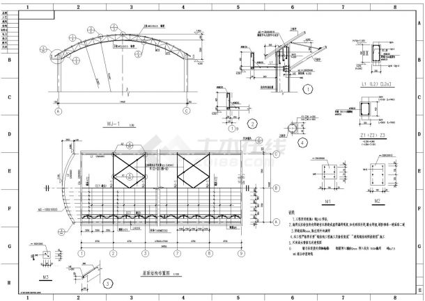 跨度拱形桁架轻钢屋面结构设计图纸