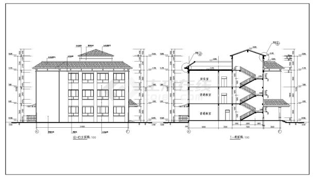 某地坡屋面三层小学教学楼建筑方案设计cad图纸