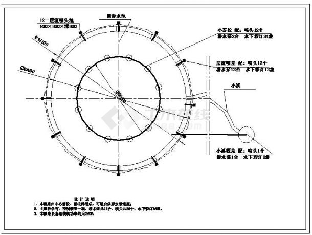 音乐喷泉的cad装修设计图,包含平面图,立面图,剖面图等,图纸内容完整