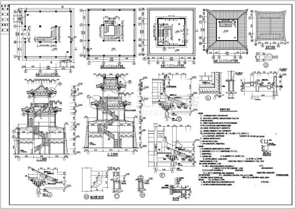 某仿古建望楼设计cad全套建施图含设计说明