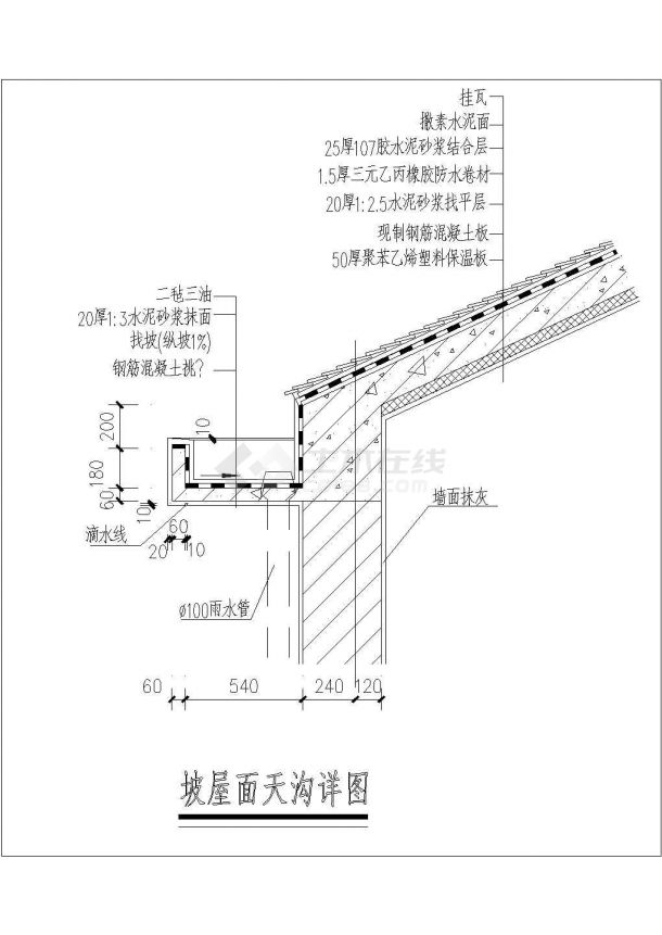 某坡屋面天沟cad施工完整详图