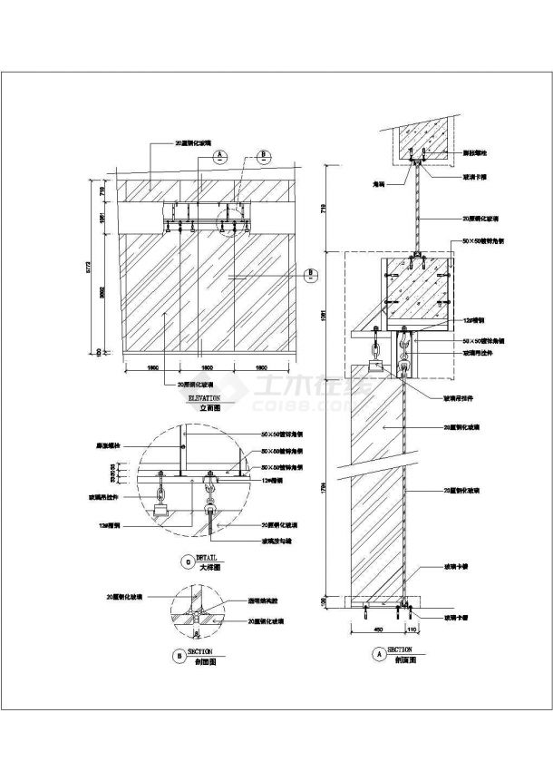 吊挂式玻璃幕墙节点,完整规划cad平立面图大样图和效果图,单体与总