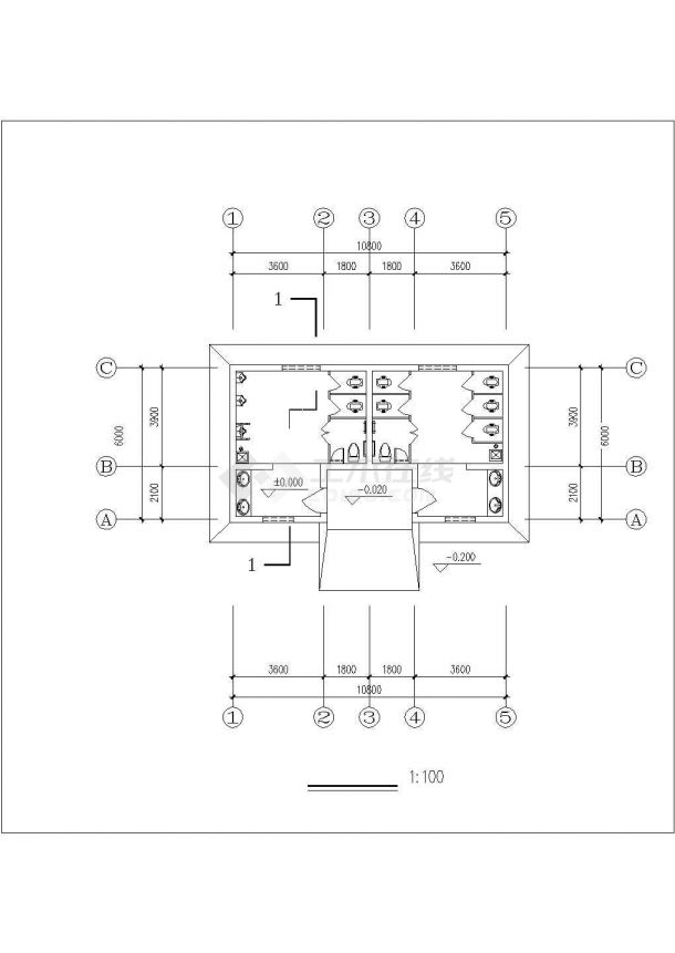 【白城】某小型商场公共厕所全套施工设计cad图,内容包括:屋顶平面图