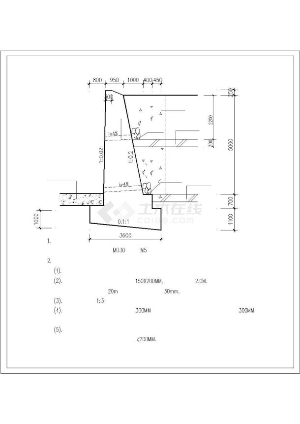 某道路两侧俯斜式毛石挡土墙构造cad详图