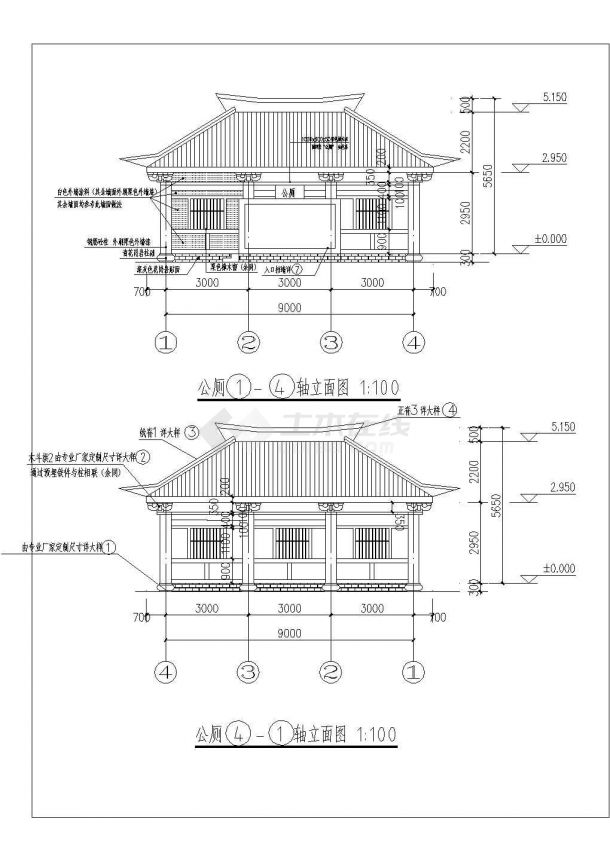 云南某公园仿古建筑公厕建筑cad施工图