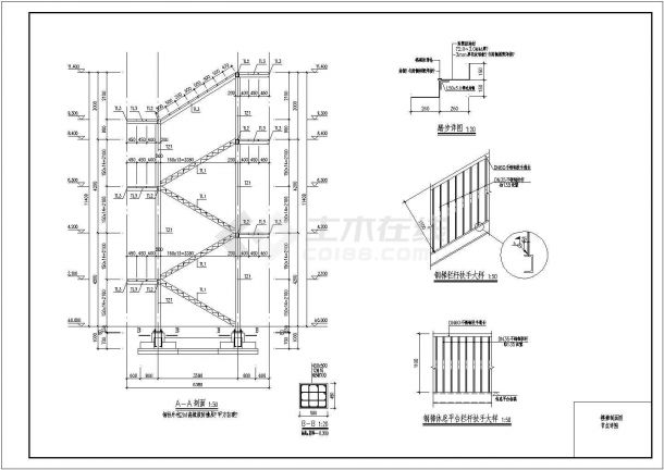 某幼儿园新增钢结构楼梯cad全套施工图,图纸包括:钢梯基础平面布置图