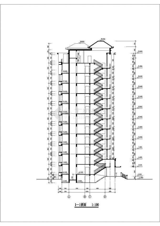 9500平米11 1层框混结构住宅楼平立剖面设计cad图纸(含半地下室)