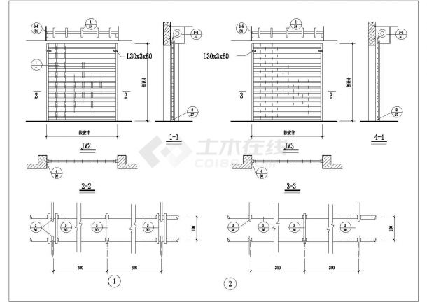 某空格卷帘门cad节点图,内容包括:各方位的平面图 ,立面图和设计说明