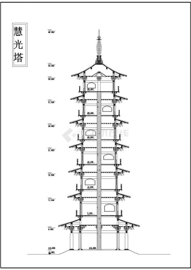 某七层六角形砖混结构古塔建筑设计cad施工图