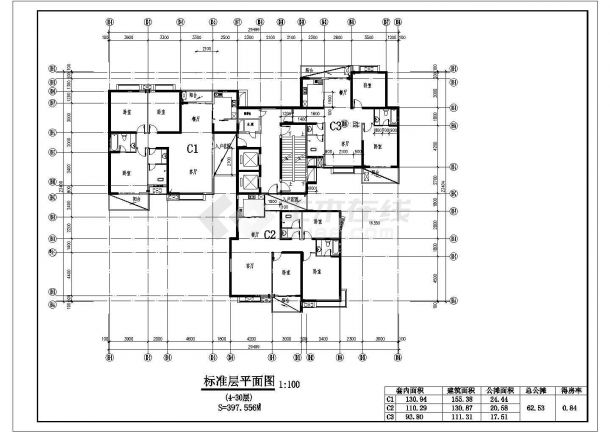 成都市某小区住宅楼标准层平面设计图cad图纸1梯3户155130111