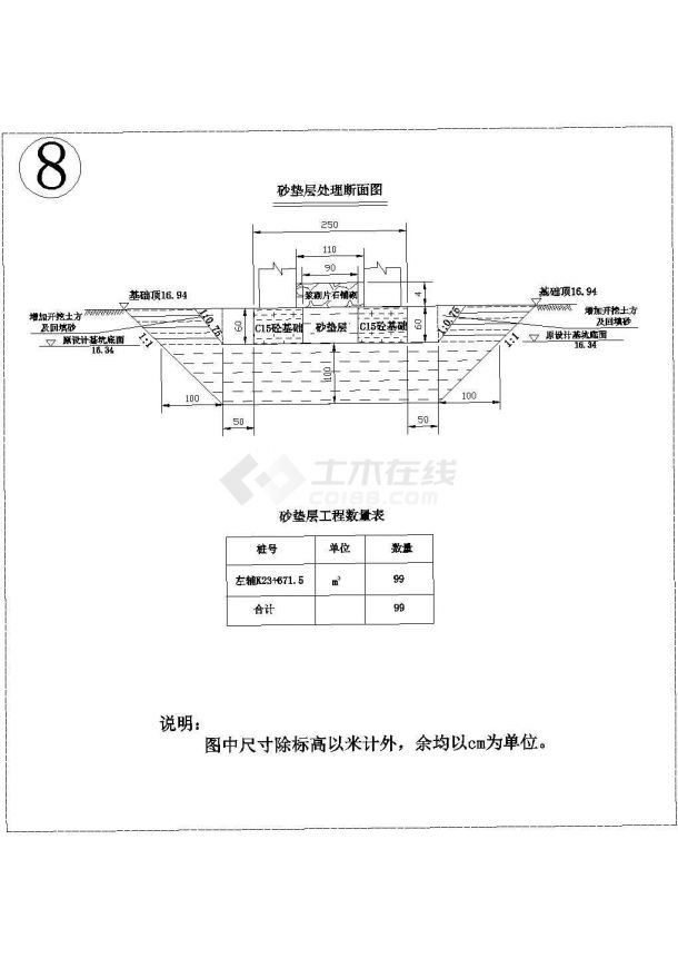 包含砂垫层处理断面图,梅花桩地基设计图,砂垫层工程数量表等,图纸