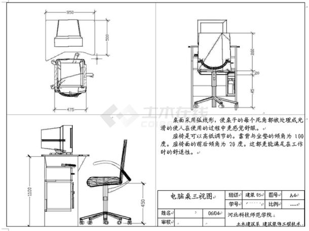 这是电脑桌的三视图,正立面,侧立面,顶视图和说明,是符合人体工程学