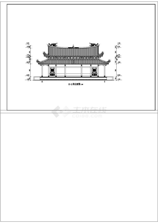 框架结构重檐歇山大殿建筑方案图,图纸包括,一层平面图,屋顶平面图,正