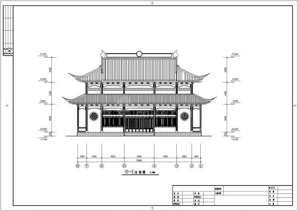 某重檐歇山建筑方案图,图纸包括一层平面图,上层平面图,立面图,剖面图