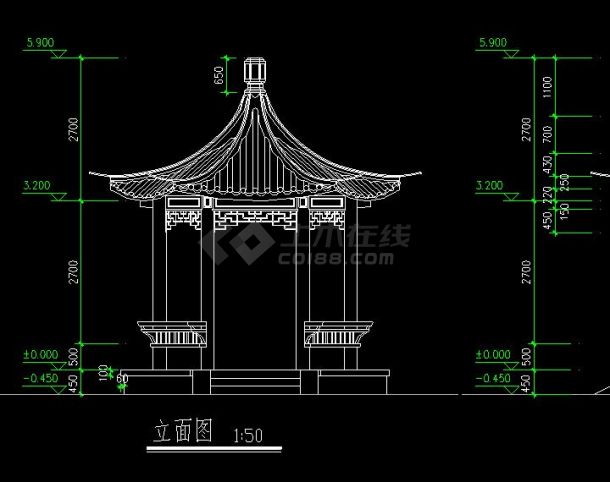 简单的六角亭建筑方案设计图(标注详细,其包含的内容为平面图,剖面图