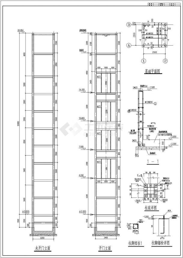 钢结构电梯井道及机房结构施工图,包括未开门立面,开门立面,构件平面