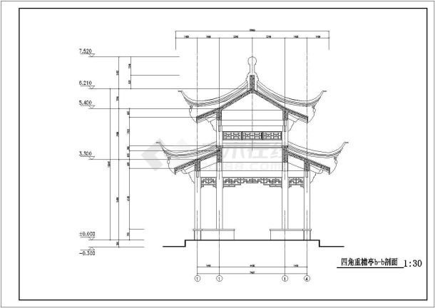 中国式古建重檐式四角亭建筑施工图