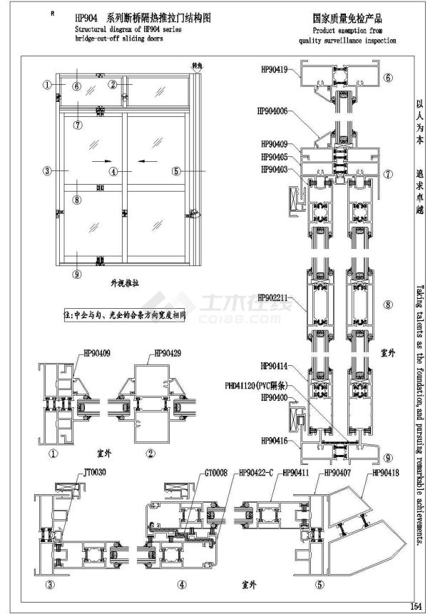 节点详图幕墙隔热推拉窗装配图及截面图