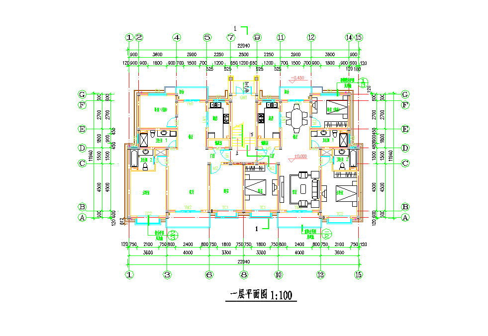 某地一梯二户单元式住宅楼课程设计CAD图纸