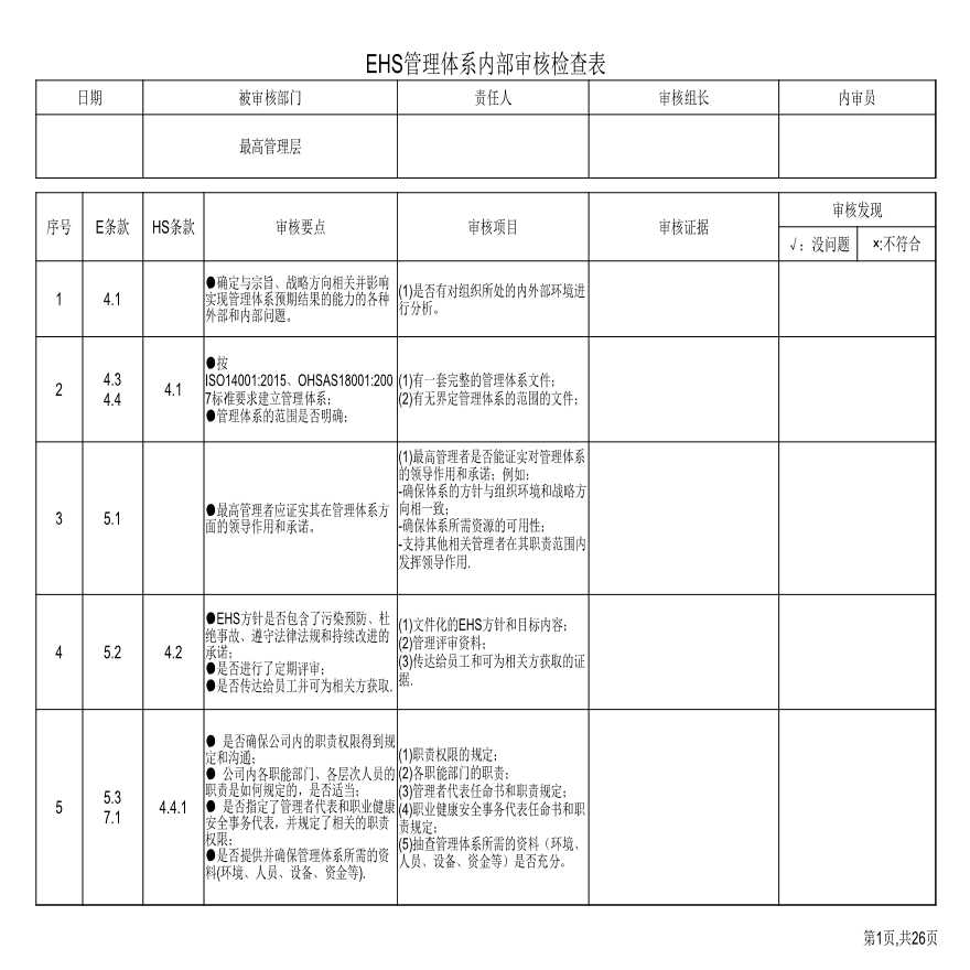 EHS管理体系内部审核检查表.xlsx-图一