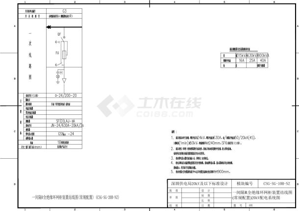 一间隔(R)全绝缘环网柜装置结线图(常规配置)20kV配电系统图-图一