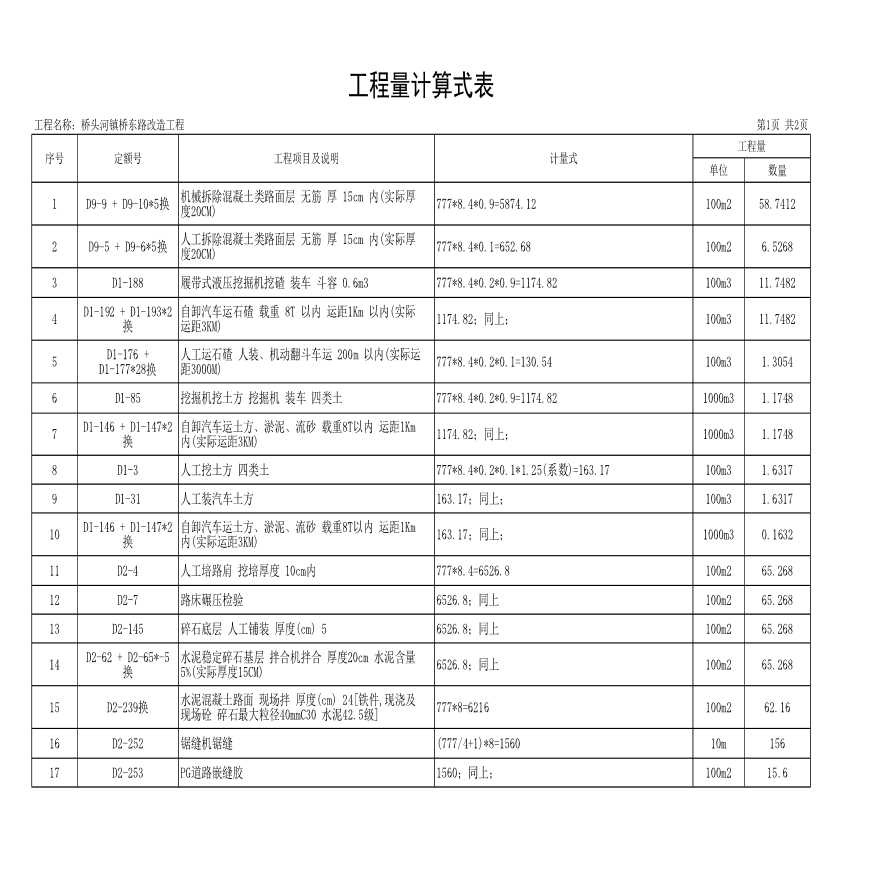 混凝土无筋工程量计算式表