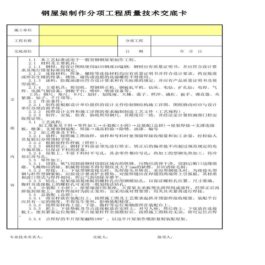 某钢屋架制作分项工程质量技术交底卡-图一