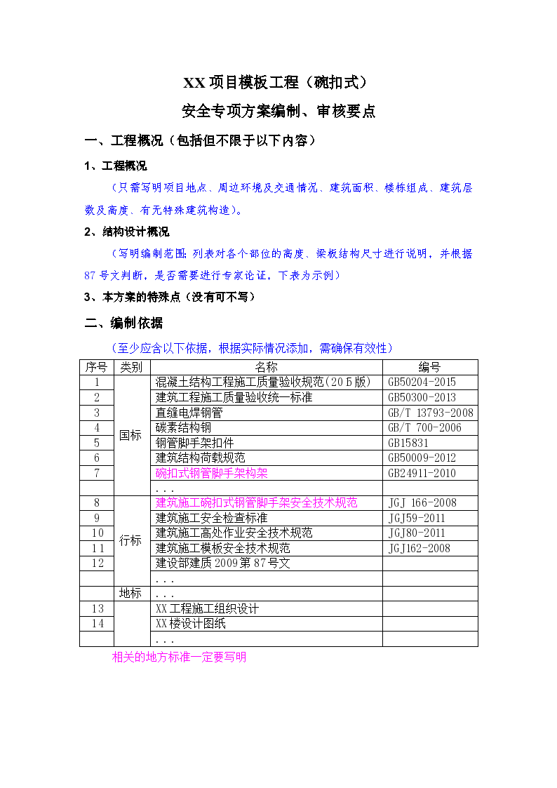 项目模板工程（碗扣式）安全专项施工方案编制审核要点