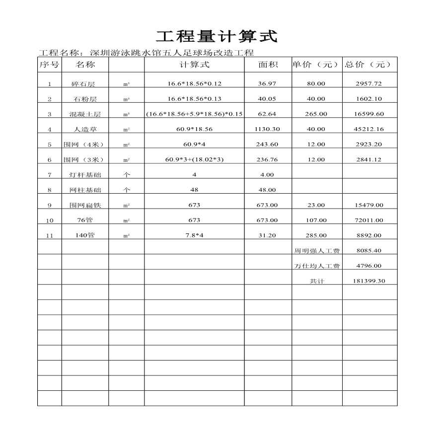 深圳游泳跳水馆五人足球场改造工程计算表