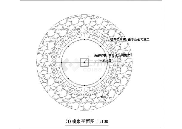 本资料为北京市丰台区某公园内部圆形喷泉设计cad图纸,其中包含:平面