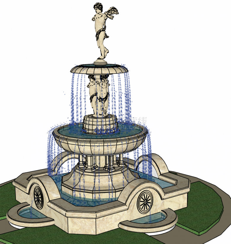 美式简约雕塑人物型喷泉su模型-图二