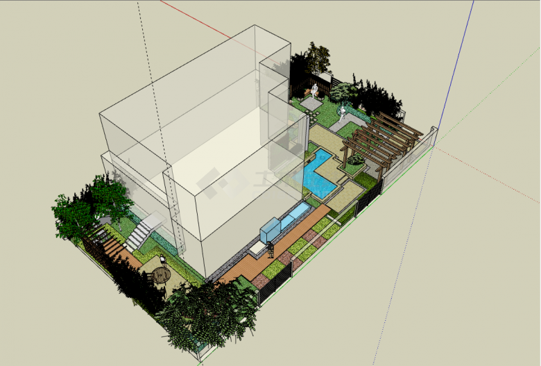 超豪华园林式设计带泳池庭院su模型-图二