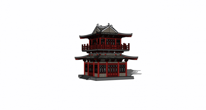 中国风古典红黑色带檐角亭子su模型_图1