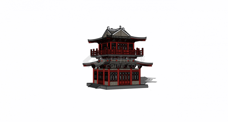 中国风古典红黑色带檐角亭子su模型-图一