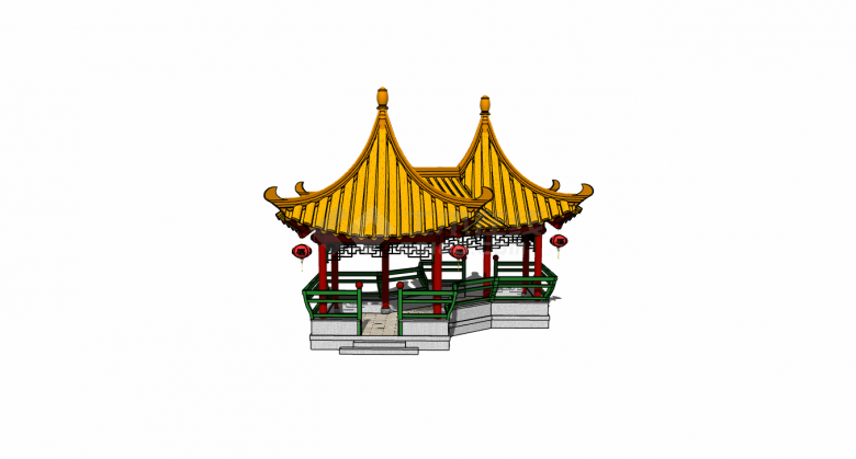 中式黄顶红灯笼围栏式亭子su模型-图二