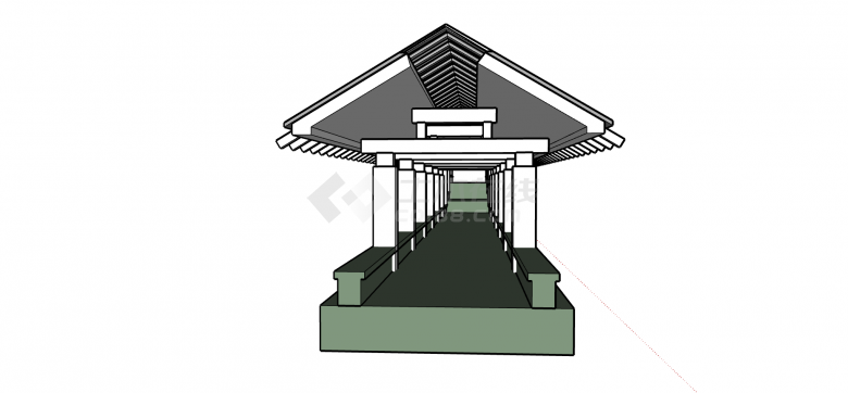 层次分布均匀一体式直道古式庭院水榭游廊简单su模型-图一