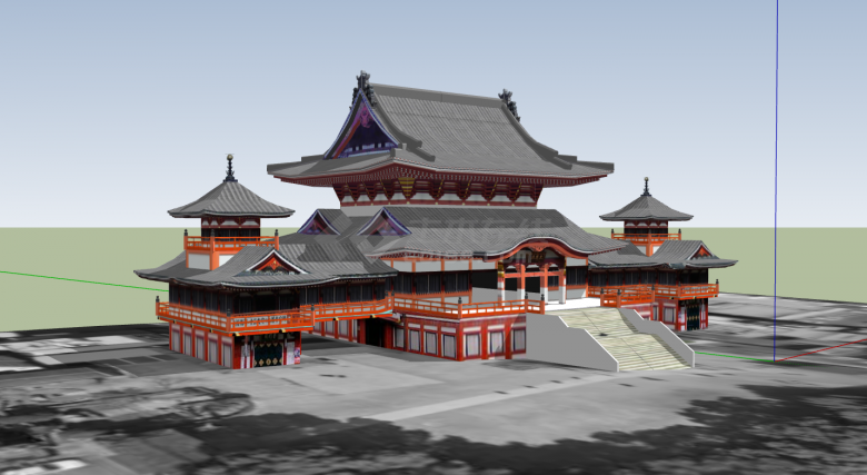日式古代雄伟三层宫殿建筑su模型-图一
